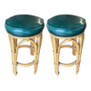 Restored 3-Stand Arched Rattan Base Bar Stool With Dark Green Seats- Set of 2