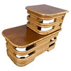 Restored Two-Tier Stacked Rattan Side Table With Mahogany Tops, Pair Restored Two-Tier Stacked Rattan Side Table With Mahogany Tops, Pair