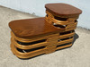 Restored Two-Tier Stacked Rattan Side Tables With Mahogany Tops, a Pair