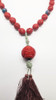 Vintage Chinese Cinnabar Shou Pendant Beaded Necklace and Matching Earrings.