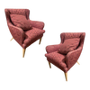 Mid Century Modern Burgundy Leaf Print Wingback Lounge Chairs - a Pair Mid Century Modern Burgundy Leaf Print Wingback Lounge Chairs - a Pair
