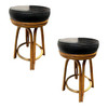 1950s Restored Rattan Double Stand Arched Barstool With Black Naugahyde Seats- a Pair 1950s Restored Rattan Double Stand Arched Barstool With Black Naugahyde Seats- a Pair