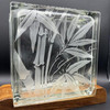 Mid-century Hawaiian Acid Etched Bamboo Glass Block Vase w/ Monkey Pod Wood Base