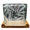 Mid-century Hawaiian Acid Etched Bamboo Glass Block Vase w/ Monkey Pod Wood Base