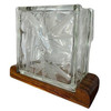 Mid-century Hawaiian Acid Etched Bamboo Glass Block Vase w/ Monkey Pod Wood Base