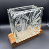 Mid-century Hawaiian Acid Etched Bamboo Glass Block Vase w/ Monkey Pod Wood Base
