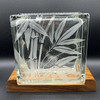 Mid-century Hawaiian Acid Etched Bamboo Glass Block Vase w/ Monkey Pod Wood Base