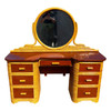 Restored Art Deco Frankl Style Stacked Rattan Vanity w/ Round Mirror & Stool