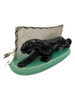 Midcentury Black Panther Ceramic Statue Lamp w/ Whipple Stitch Fiberglass Shade