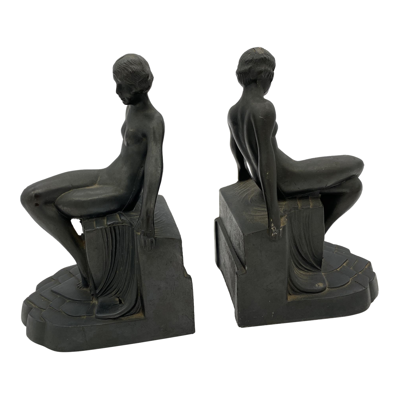 1920s Nuart Nude Art Deco Flapper Girl Spelter Metal Bookends Pair Harveys On Beverly