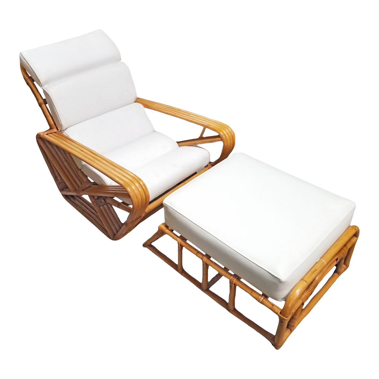 1950s Restored Rattan Four Strand Square Pretzel Chaise Lounge Chair With Ottoman Harveys on