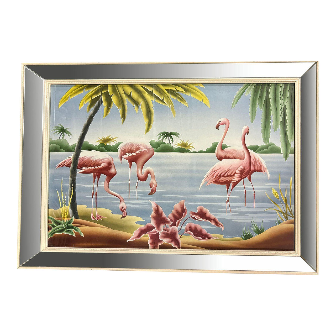 Mid Century Flamingo Lithograph Print by Turner in Mirror Frame