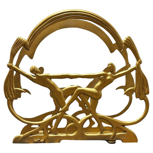 1928 Art Deco Nude Flapper Brass Magazine Rack by Seville Art Metal Studios