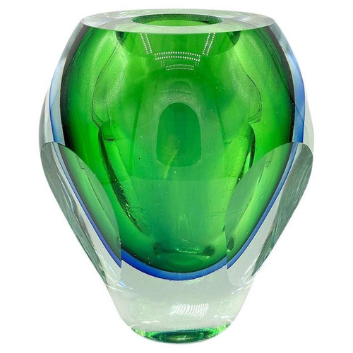 Blue & Green Lead Glass Bud Vase By Kosta Boda For Fifth Avenue NYC