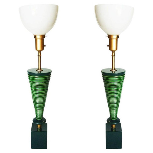 Mid-Century Ceramic Geometric Spiral Cone Table Lamp by Rembrandt, Pair