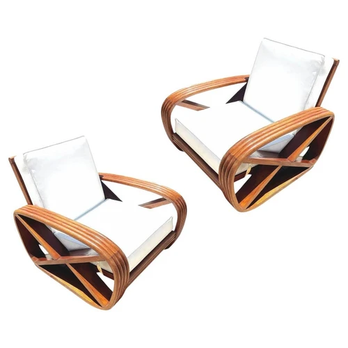 Rare 4-Strand like Carved Mahogany Square Pretzel Faux Rattan Lounge Chair, Pair