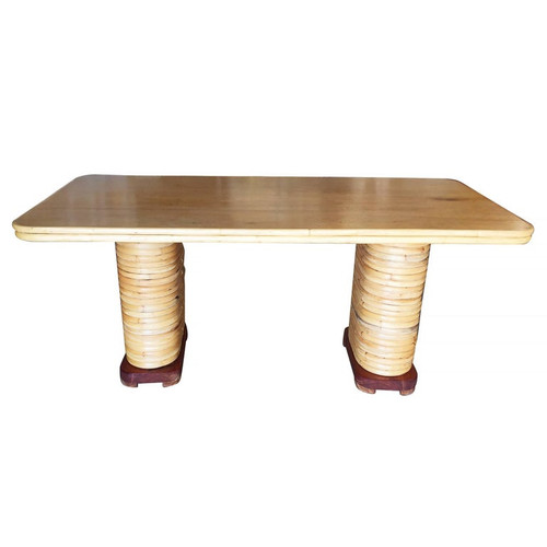 Restored Large Blonde Rectangle Rattan Dining Table with Mahogany Top