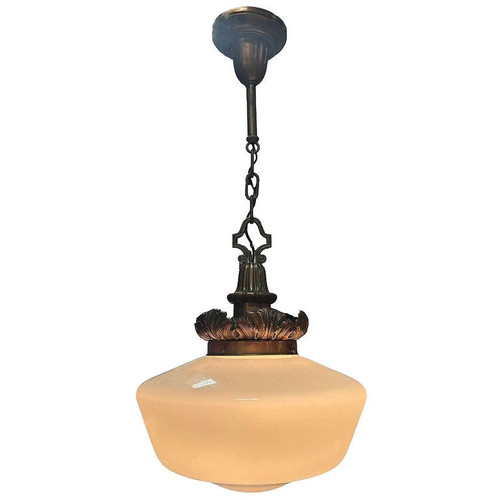 Art Deco Copper Acanthus Leaf Hanging Pendant Light w/ Opal Schoolhouse Globe