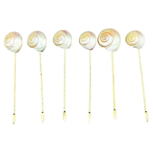 Set of Six Vintage Mother of Pearl Shell and Gold Appetizer Fondue Forks