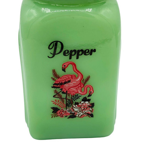 Mid-century Jadeite Green Glass Pink Flamingos Salt and Pepper Set