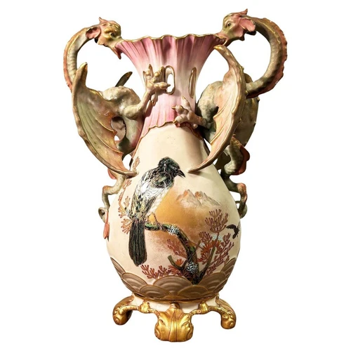 Victorian Dragon Handle Ceramic Vase w/ Hand Painted Corvus by Alfred Stellmache