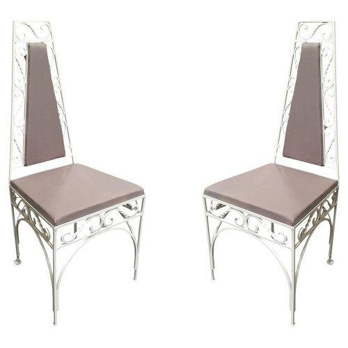 Mid-Century Modernist High Back Chair with Scrolling Pattern, Set of Two