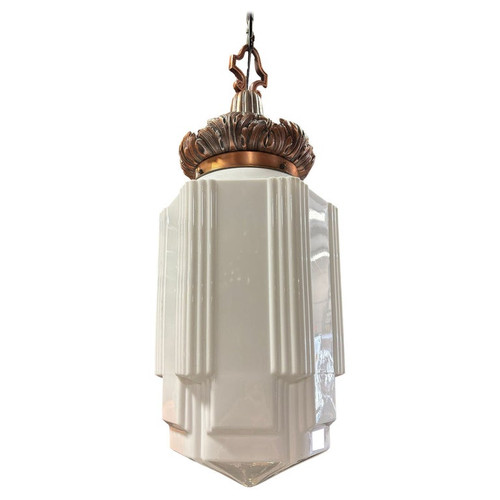 Art Deco Copper Acanthus Leaf Pendant Light w/ Skyscraper Milk Glass Shade