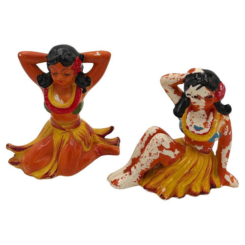 Mid-century Hawaiian Sitting Hula Girl Ceramic Figure Statue Set, Pair