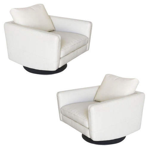 Italian Modern Leather Swivel Lounge Chair w/ Steel Base by Natuzzi, Pair