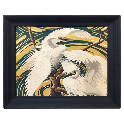 Restored Vintage 1949 Rattan Framed Crane Barkcloth Fabric Sample by Spectrum