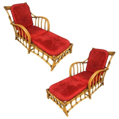 Rare Paul Frankl Styled Faux Rattan Outdoor/Patio Chaise Lounge Chair, Pair