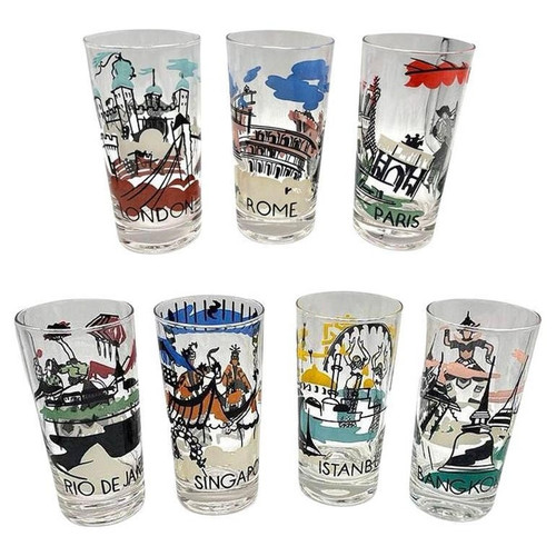 Set of 7 MCM Barware Highball "Cities Of The World" Drinking Glasses