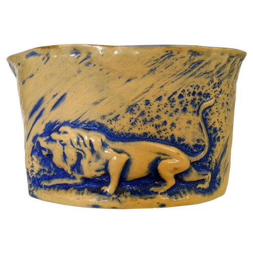 Mid-Century California Pottery Brown & Blue Stalking Lion Vase