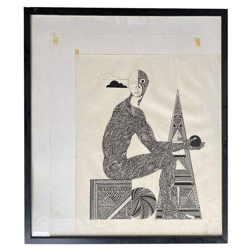 Hand Inked on Paper Surrealist Male Portrait Drawing Signed Ken Kreel 1989