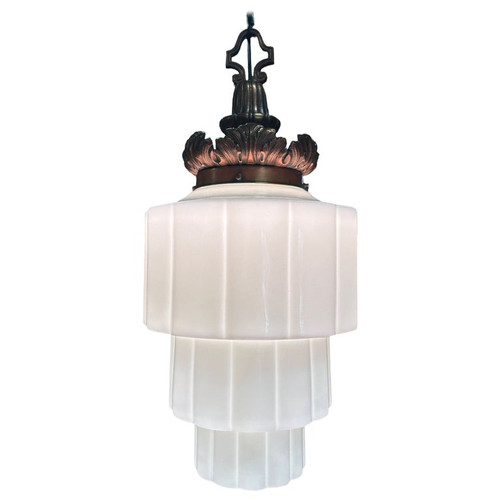 Art Deco Era Ornate Brass Pendant Light w/ Stepped Milk Glass Skyscraper Shade