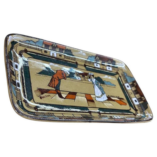 Edwardian Era Pottery "Ye Olden Days" Card Dish by Buffalo Pottery Deldare Ware