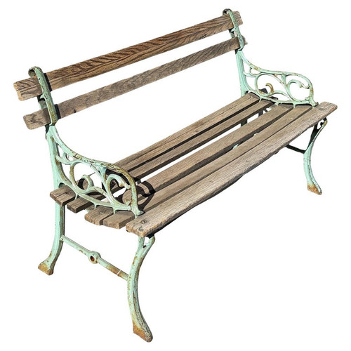 Victorian Cast Iron and Wooden Lath Garden Bench with Vine Leaf Detail