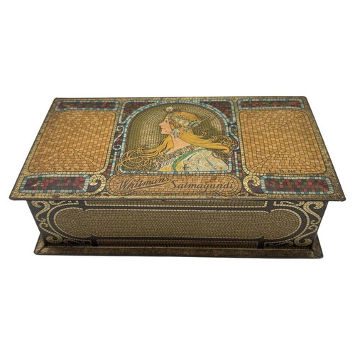 Whitman's Salmagundi Chocolates Mucha Style Art Nouveau Gold-tone Metal Tin Box