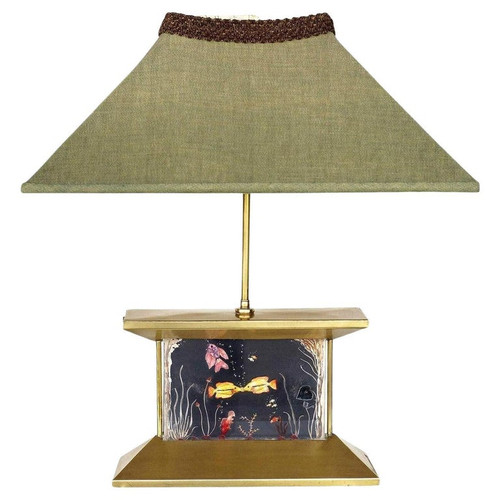 Mid-Century Brass Aquarium Light Up Lamp w/ Shade