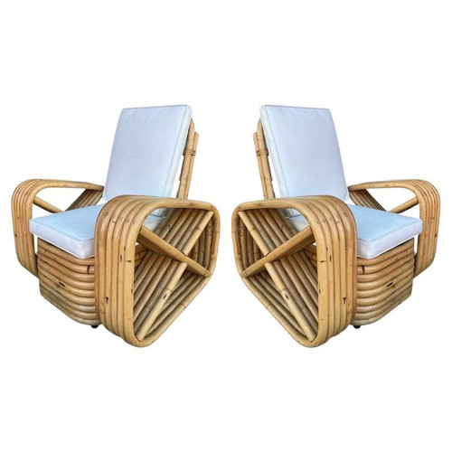 Restored Child Size Six-Strand Square Pretzel Rattan Lounge Chair, Pair