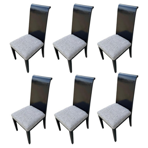 Set of Six Scrolling Back Wooden Oak Dining Chairs by Four Hands