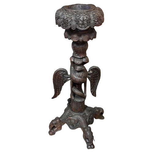 19th Century Anglo Indian Carved Bird & Serpent Wooden Blackwood Plant Stand