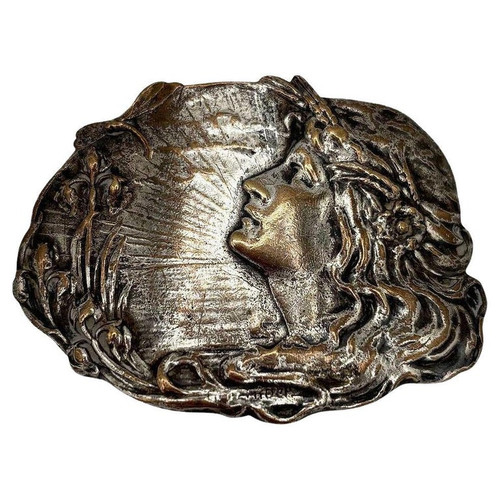 Vintage Art Nouveau Silver Plated Brass Female Portrait Belt Buckle