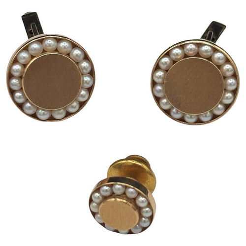 Round 14-Karat Pearl Cufflinks with Bullet Back Clasp and tie Pin