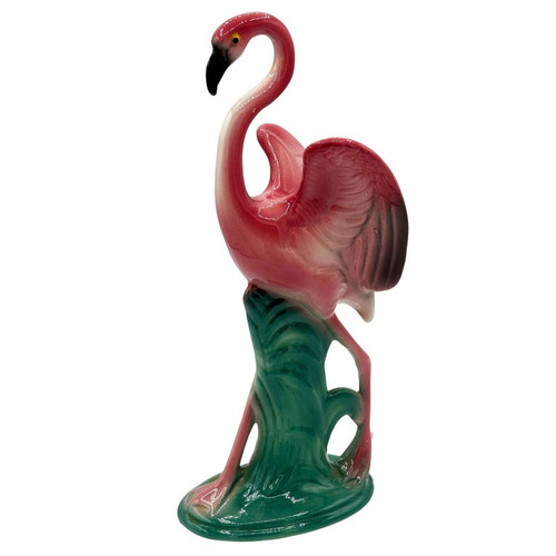 Mid-century 11" Tall Open Wing Pink Flamingo Ceramic Tabletop Statue, Pair