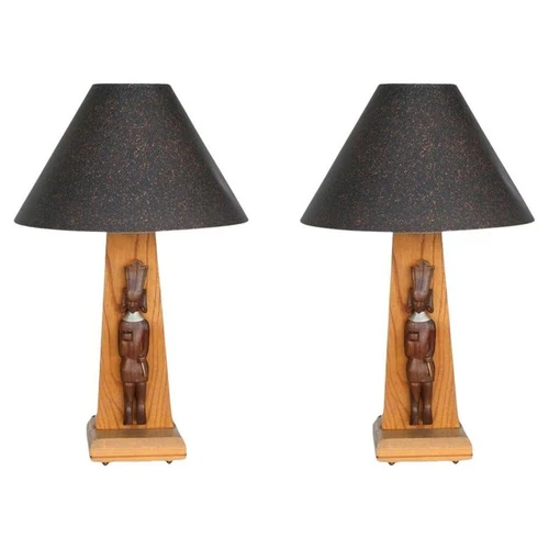 Mid-Century Table Lamps w/ African Hand Carved Kenyan Carvings Sculpture, Pair