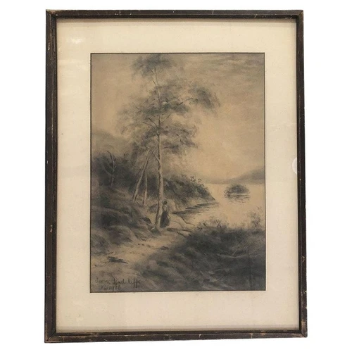 Framed Women by Lake Landscape Charcoal on Paper by Irene Radcliffe, 1971