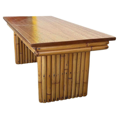 Restored Large 40" Rattan & Mahogany Coffee Table w/ Vertically Stacked Legs