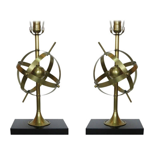 Brass Celestial Armillary Globe Study Table Lamp, Pair