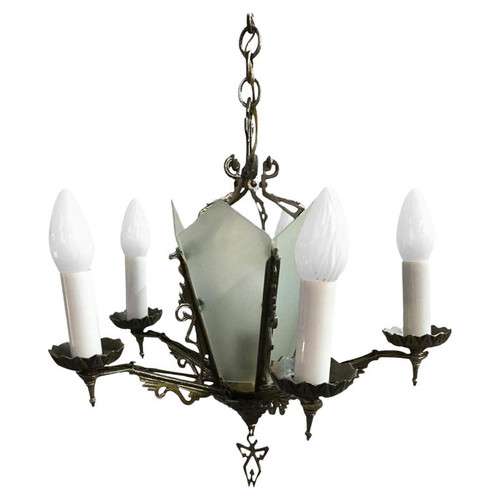 Art Deco Slat Glass Chandelier With Geometric Details